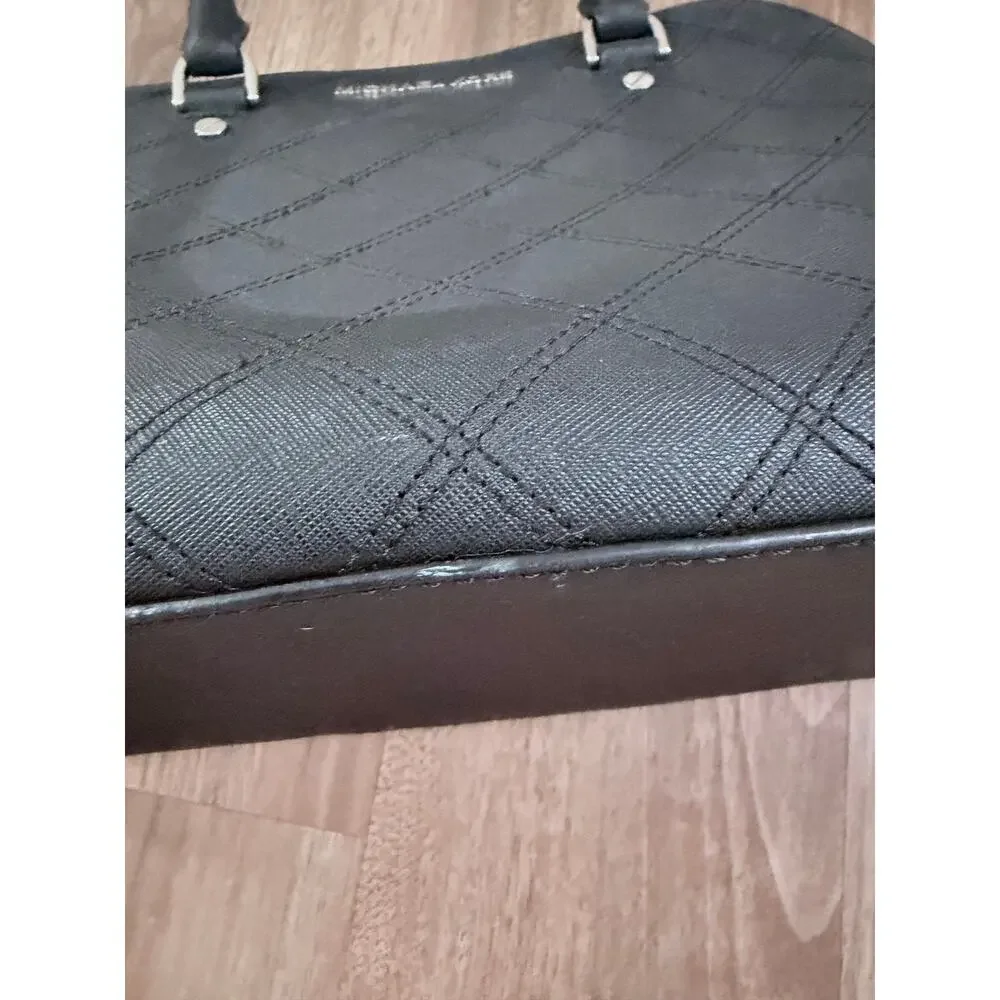 Michael Kors Cindy Dome Top Handle Black Diamond Stitch Silver Tone Purse